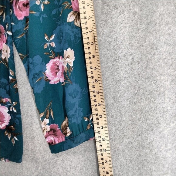Torrid Harper Blouse Wmns Sz 2 Georgette Teal Floral Long Sleeve Back Tie V-Neck - Picture 5 of 12